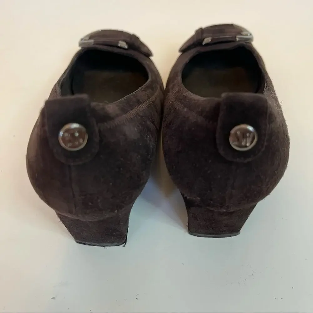 Stuart Weitzman Brown Suede Leather Buckle Wedge Shoes Women's Round Toe Size 6 - Picture 8 of 9